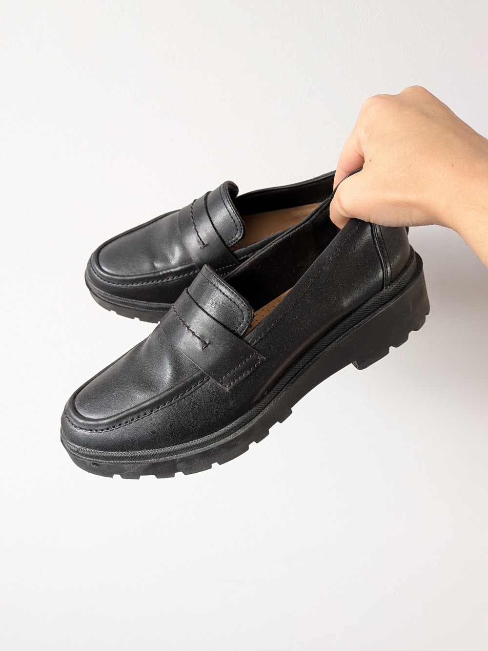 Clarks Black Faux Leather Women's Penny Loafers with Lug Sole